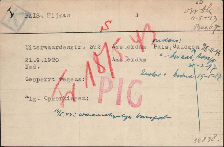 Joodse Raadkaart van Hijman Pais bron: Arolsen Archives  