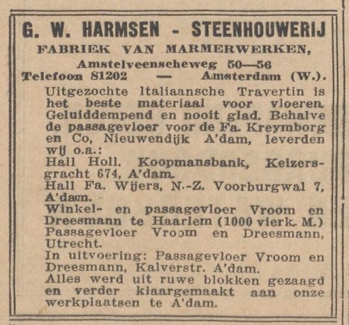Advertentie voor de steenhouwerij van G.W. Harmsen, bron: De Standaard van 29-09-1933  