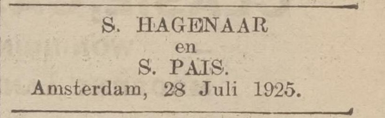 Familiebericht met de datum van ondertrouw van Simon Hagenaar en Sientje Pais, bron: het Centraal Blad voor Israëlieten in Nederland van 31 juli 1925  