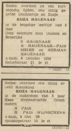 Het overlijden van Roza Hagenaar (1) op 8 okt. 1938, bron: Het Volk van 10 – 10 – 1938.     