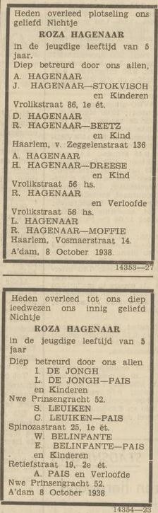 Het overlijden van Roza Hagenaar op 8 okt. 1938 (2), bron: Het Volk van 10 – 10 – 1938.     