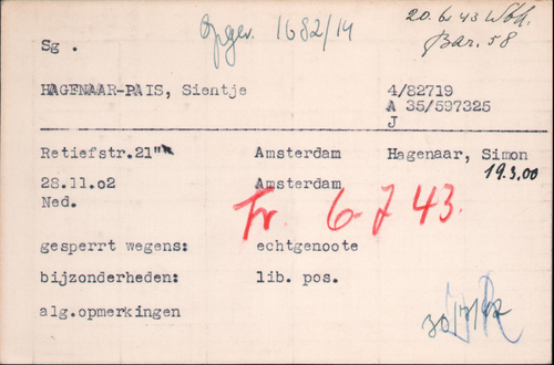 Joodse Raadkaart van Sientje Hagenaar – Pais, bron: Arolsen Archives  