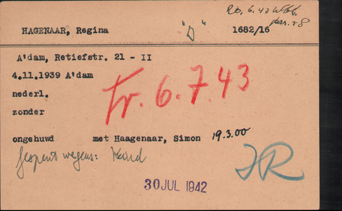 Joodse Raadkaart van Regina Hagenaar, bron: Arolsen Archives  