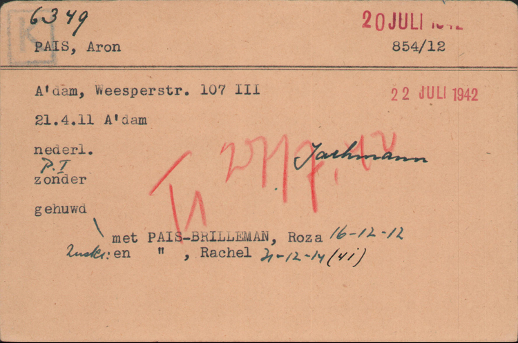 Joodse Raadkaart van Aron of Aäron Pais, bron: Arolsen Archives  
