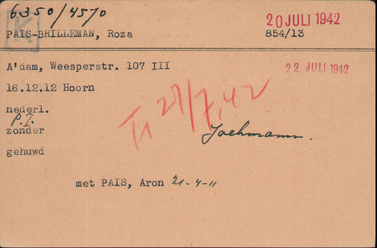 Joodse Raadkaart van Roza Pais - Brilleman, bron: Arolsen Archives  