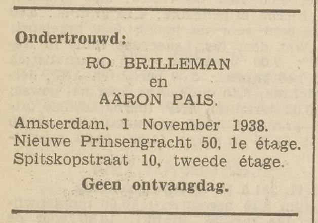 Bericht van de ondertrouw van Aäron Pais en Roza (Ro) Brilleman, bron: Het Volk van 2 nov. 1938.   