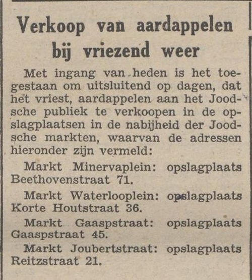 Opslagplaats aardappelen Joodse markt Joubertstraat, bron: Het Joodsche weekblad van 8 januari 1943  