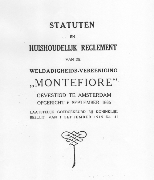 Voorblad van de Statuten en Huishoudelijk Reglement van Montefiore, bron: Stadsarchief Amsterdam  