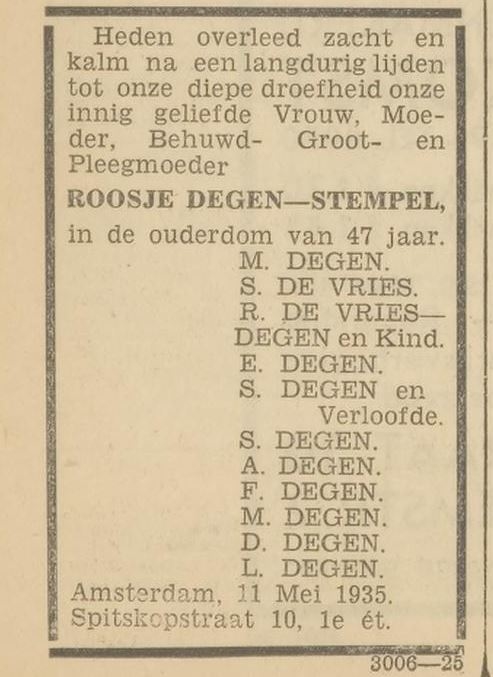 Familiebericht n.a.v. het overlijden van Roosje Degen – Stempel, bron: het Volk van 11 mei 1935  