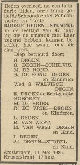 Familiebericht n.a.v. het overlijden van Roosje Degen – Stempel, bron: het Volk van 11 mei 1935  