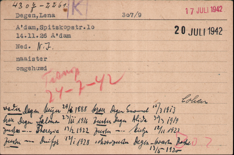 Joodse Raadkaart van Lena Degen met ‘haar familie’, bron: Arolsne Archives  