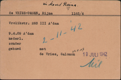 Joodse Raadkaart van Rijna de Vries – Degen, bron: Arolsen Archives  