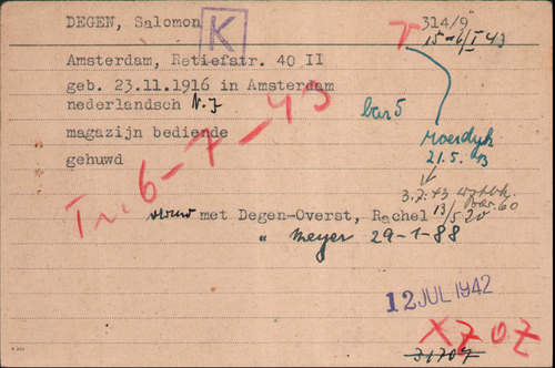 Joodse Raadkaart (voorzijde)van Salomon Degen, bron: Arolsen Archives  