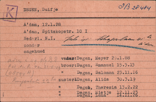 Kaart Joodse Raad van dochter Duifje Degen, bron: Arolsen Archives  