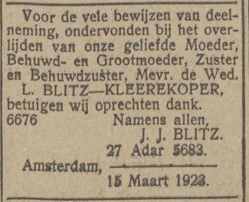 Overlijdensbericht van Betje Blitz – Kleerekoper, bron: het NIW van 16 maart 1923  