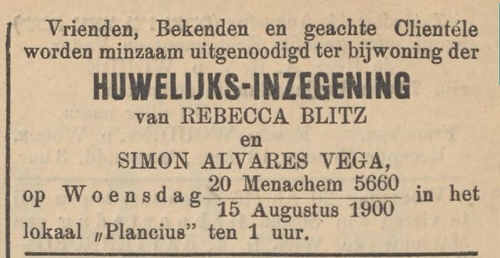 Huwelijksinzegening, aankondiging, van Rebecca Blitz, bron: het NIW van 10 augustus 1900  