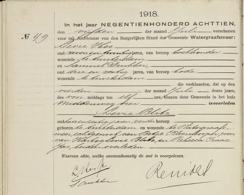 Overlijdensakte van Levie Blitz, dd. 4 juli 1918, bron: Bev.register Watergraafsmeer, via WieWasWie.  