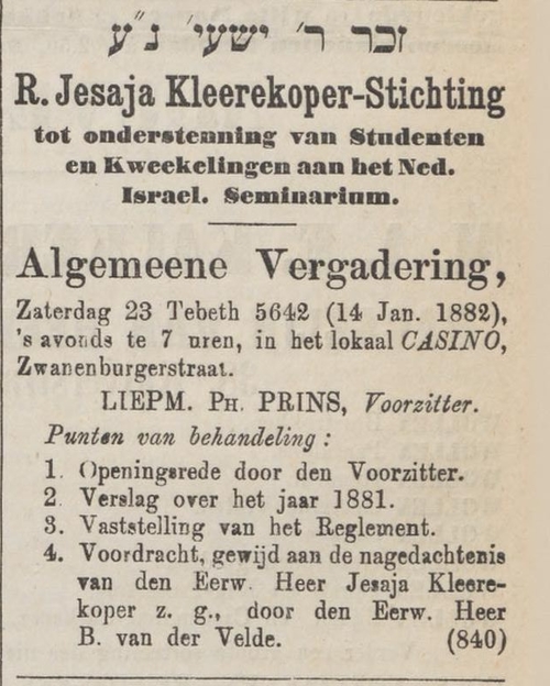 Advertentie voor de R. Jesaja Kleerekoper – Stichting, bron: het NIW van 13 januari 1881   