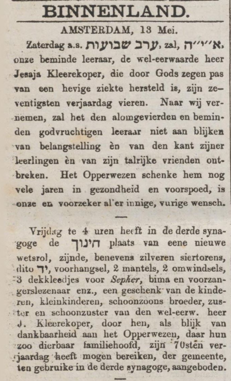 Bericht n.a.v. de 70ste verjaardag van Jesaja Kleerekoper, bron: het NIW 14 mei 1880  