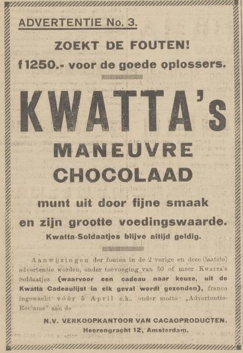 Advertentie (campagne) voor Kwatta’s Manoevre Chocolaad, bron: Centraal blad voor Israëlieten in Nederland van 28-03-1924  