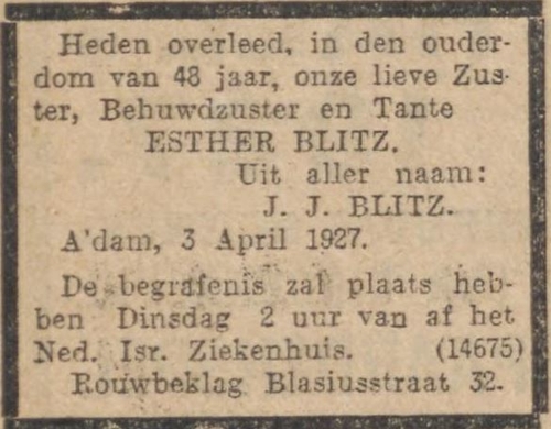 Familiebericht n.a.v. het overlijden van Esther Blitz, bron: het Algemeen Handelsblad van 4 april 1927.  