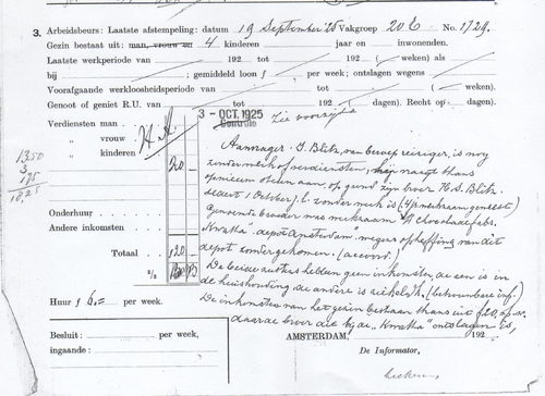 Fragment van 3 okt. 1925 uit het dossier van Isaäc Blitz over zijn werk verleden, bron: Dossier Bureau Maatschappelijke Steun  