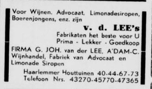 Advertentie voor de Wijnhandel etc. van Van der Lee, bron: De Joodsche jeugdkrant; "Betsalel", jrg 5, 1932-1933, no 3, 20-04-1932  