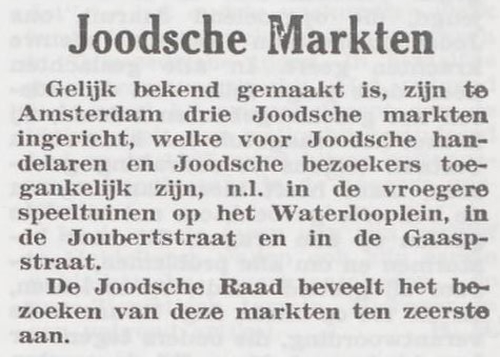 Joodse Markten worden ‘aanbevolen’. Bron: Het joodsche weekblad : uitgave van den Joodschen Raad voor Amsterdam van 14-11-1941  