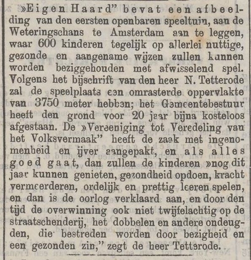 Over de eerste Openbare Speeltuin, bron: Het Vaderland van 29 juli 1879  