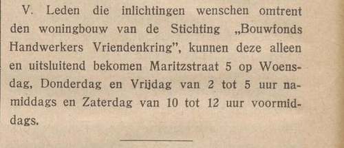 Over het gebruik van Maritzstraat 5, bron: De Handwerksman; maandblad van de Vereeniging Handwerkers Vriendenkring, jrg 33, 1924, no 9, 1924  