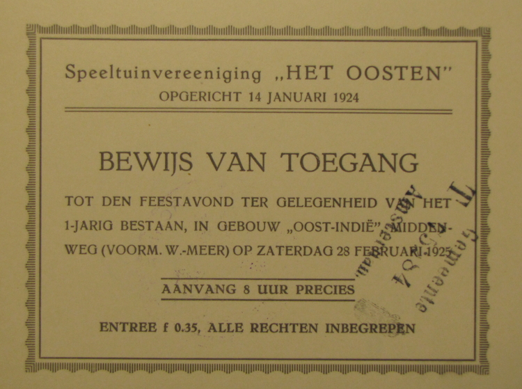Toegangskaart voor 1-jarig jubileum in 1927, bron: inv.n.r. 15009 – 14942  