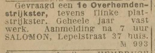 Adv. van Salomon, Lepelstraat 37 huis, bron: De courant, He Nieuws van den Dag van 17 nov. 1925  