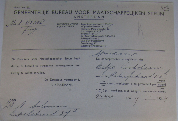 Loonverklaring januari 1934 door Salomon, bron: Dossier Maatschappelijke Steun van Betje Lootsteen  
