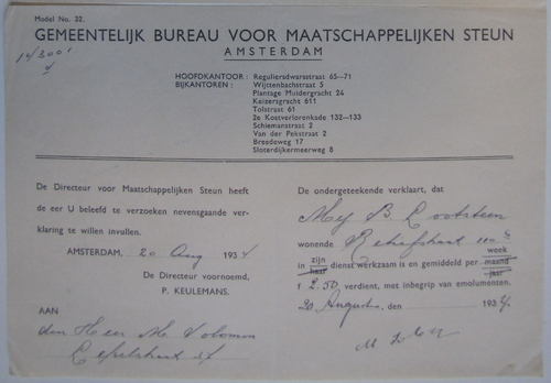 Loonverklaring augustus 1934 door Salomon, bron: Dossier Maatschappelijke Steun van Betje Lootsteen  