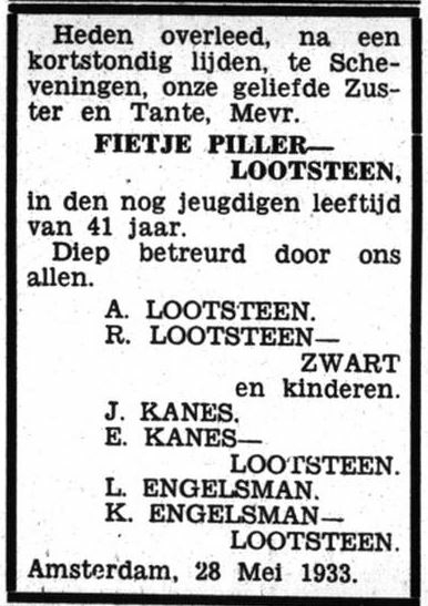 Familiebericht n.a.v. het overlijden van Fijtje / Fietje Piller Lootsteen, bron: Het Volk, 31 mei 1933.    