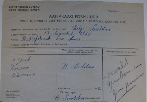 Formulier voor Bijzondere Verstrekkingen van .. - .. – 1942, bron: Dossier Maatschappelijke Steun van Betje Lootsteen  