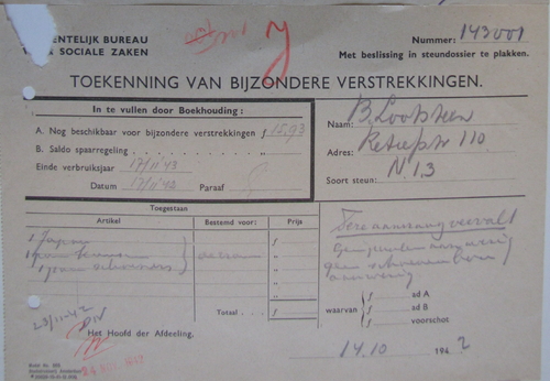 Formulier voor Bijzonder Verstrekkingen van 14 oktober 1942, bron: Dossier Maatschappelijke Steun van Betje Lootsteen  
