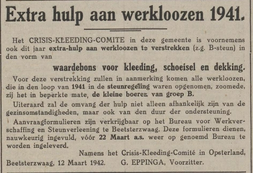 Advertentie over de verlening van B- Steun uit de Dragtster Courant van 13 maart 1942.   