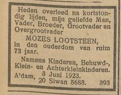 Overlijdensbericht van Mozes Lootsteen, bron: NIW van 8 juni 1923.  
