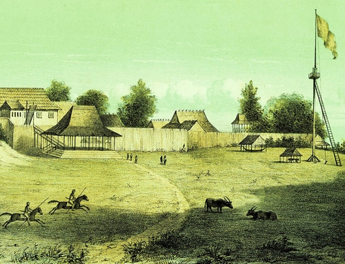 De Kraton (paleis) van de Sultan van Bandjermassing. Daar was Johan Kesler sr. gelegerd als militair bij het Oost Indisch Leger -  Gravure uit 1859 van Steven Adriaan Buddingh (1811-1869)  