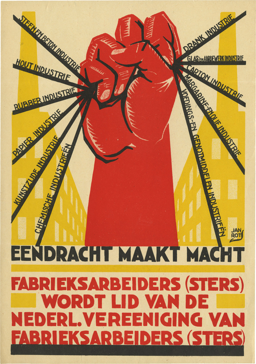 Affiche van de Vakbond voor Fabrieksarbeiders, ontworpen door Jan Rot, bron: Geheugen van Nederland – IISG  
