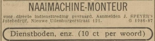 Advertentie van Speyer’s Jutebedrijf in de Nieuwe Uilenburgerstraat 121, bron: De Courant, het Nieuws van den Dag van 25 januari 1930.  