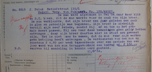 Getypte briefje (dd. 21 sept. 1934) in het dossier van Jonas, van zijn vakbond, bron: dossier Maatschappelijke Steun Jonas Polak.  