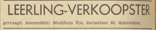 Adv. van Modehuis Vos (van: David Vos), Javastraat 43, bron: Het Volk van 11 dec. 1939  