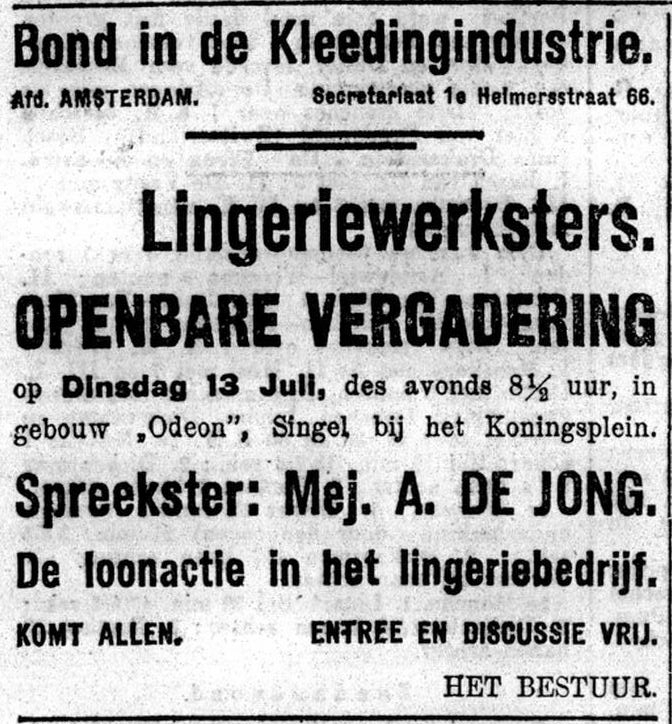 Advertentie voor de Bond in de Kle(e)dingindustrie, bron: Het Volk van 12 juli 1920  