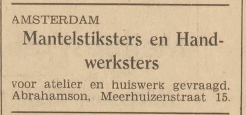 Kleine advertentie, hoewel het niet over een perser gaat, voor Abrahamson, bron: het Volk van 2 mei 1934  