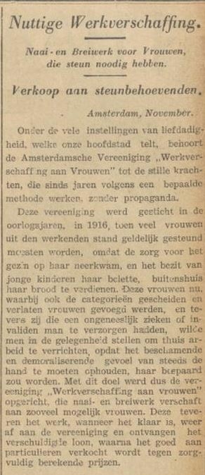 Artikel uit De Locomotief, 1934, over de Amsterdamse Ver. tot Werkverschaffing aan Vrouwen.   