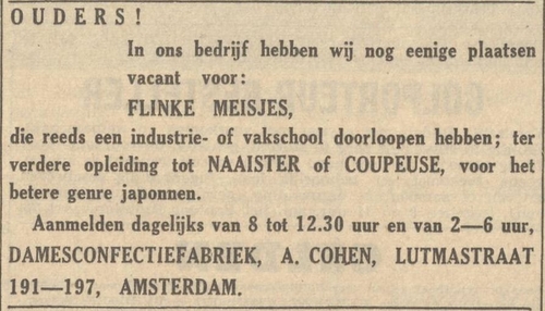 Advertentie voor de Damesconfectiefabriek van A. Cohen in de Lutmastraat, bron: Nieuwe Haarlemsche Courant van 17 aug. 1939   