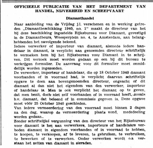 Bericht uit deze foute krant over het Rijksbureau Diamant, bron: Ned. Dagblad, orgaan v/h Nat. Front  