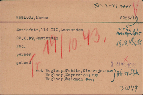 Kaart Joodse Raad (dl.1) van Mozes Wegloop, bron: Arolsen Archives  